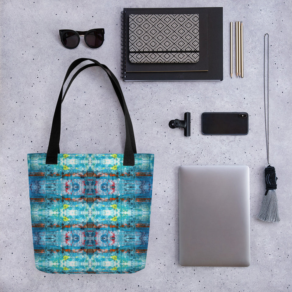 Bunte Tasche "Wetterleuchten" Eine geräumige und trendige Tragetasche (38,1cm x 38,1cm), die dir hilft, alles Wichtige mit dir herumzutragen. Die Muster der Taschen sind aus Orignalbildern von Ro Jimeno (Soulful Art by Jimeno) zusammengestellt.