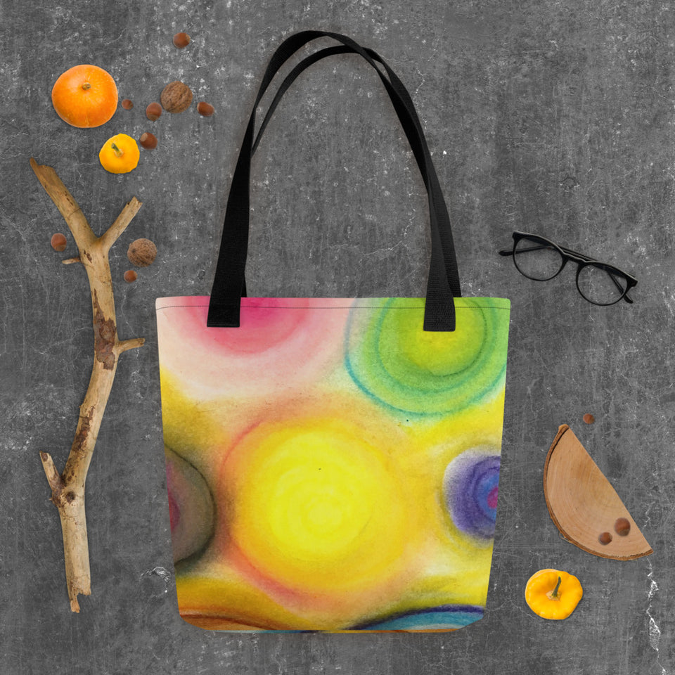 Bunte Tasche "Solar Plexus" Eine geräumige und trendige Tragetasche (38,1cm x 38,1cm), die dir hilft, alles Wichtige mit dir herumzutragen. Die Muster der Taschen sind aus Orignalbildern von Ro Jimeno (Soulful Art by Jimeno) zusammengestellt. 